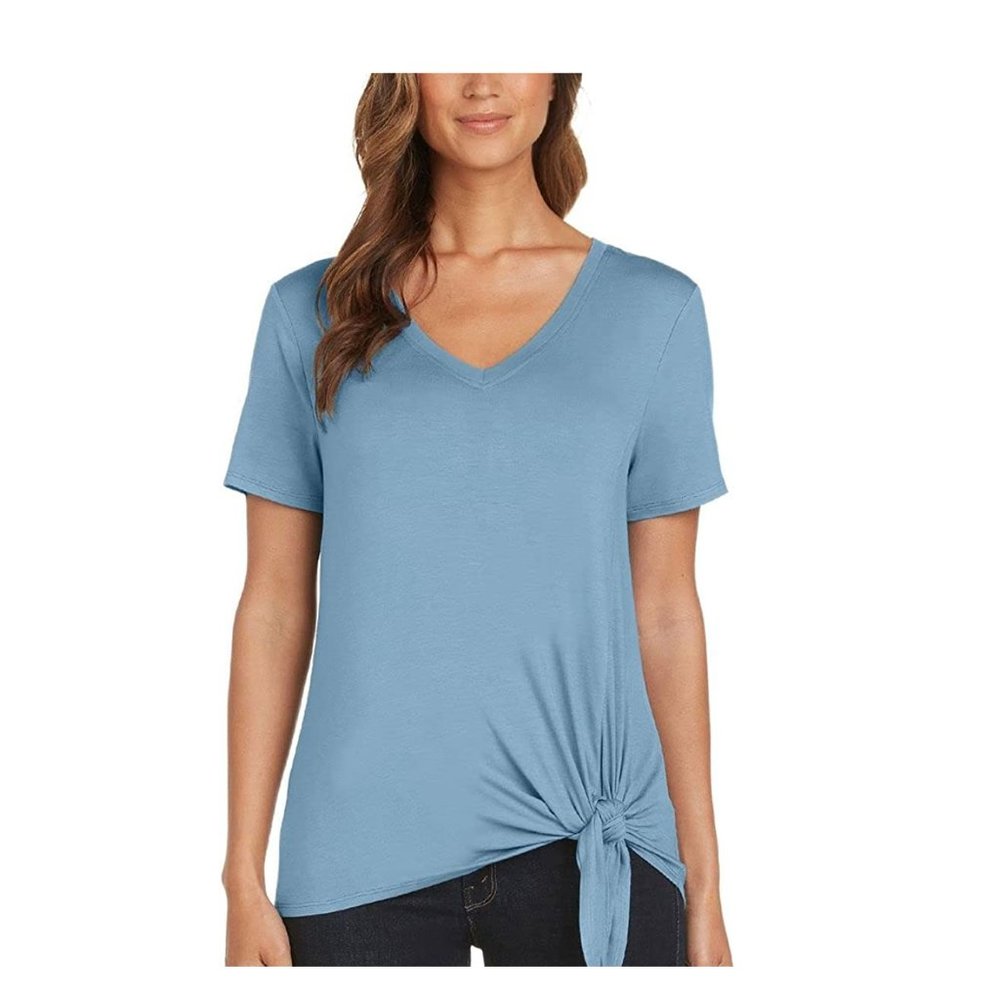 NWOT Matty M Women's Side Tie V-Neck T-Shirt Size Medium Tee Sea Blue $40 AA160